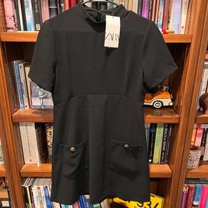 NWT ZARA Black Mini Dress High neck Patch pockets Gold buttons Open back SZ M